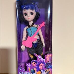 Fashion K-pop singing Doll with Blue Hair and Pink Guitar